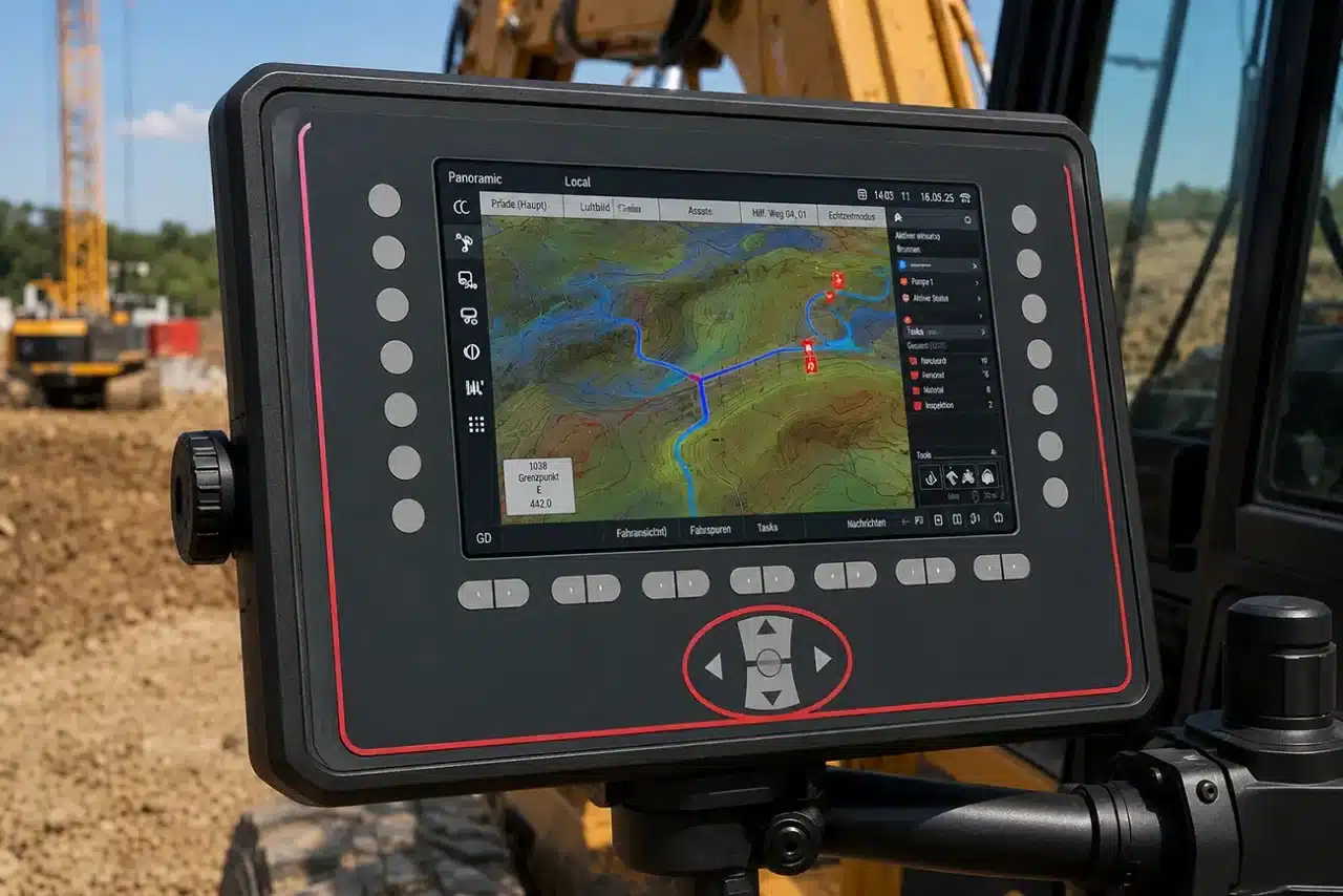 Robustes HMI-Bedienpanel mit Folientastatur im Außeneinsatz auf einer Baumaschine. Die geschlossene Bedienoberfläche ermöglicht eine zuverlässige Bedienung unter anspruchsvollen Umweltbedingungen.