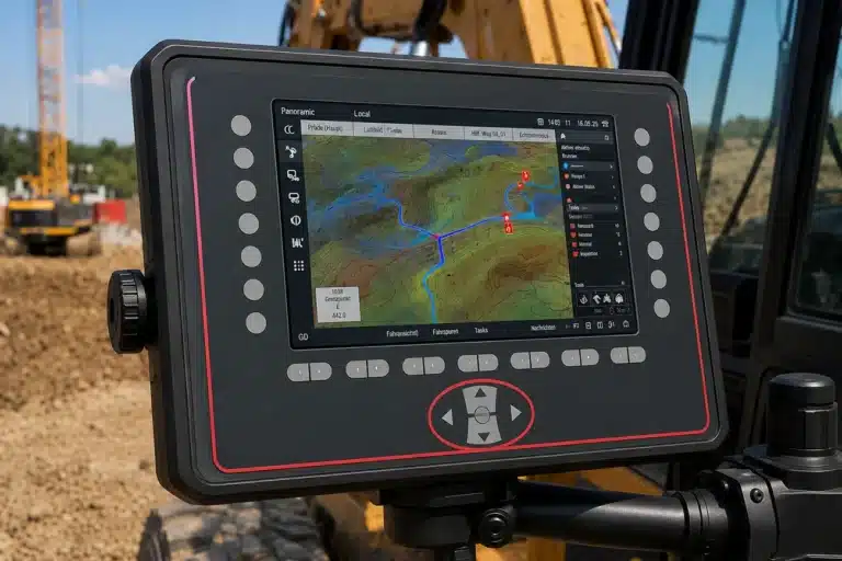 Robustes HMI-Bedienpanel mit Folientastatur im Außeneinsatz auf einer Baumaschine. Die geschlossene Bedienoberfläche ermöglicht eine zuverlässige Bedienung unter anspruchsvollen Umweltbedingungen.