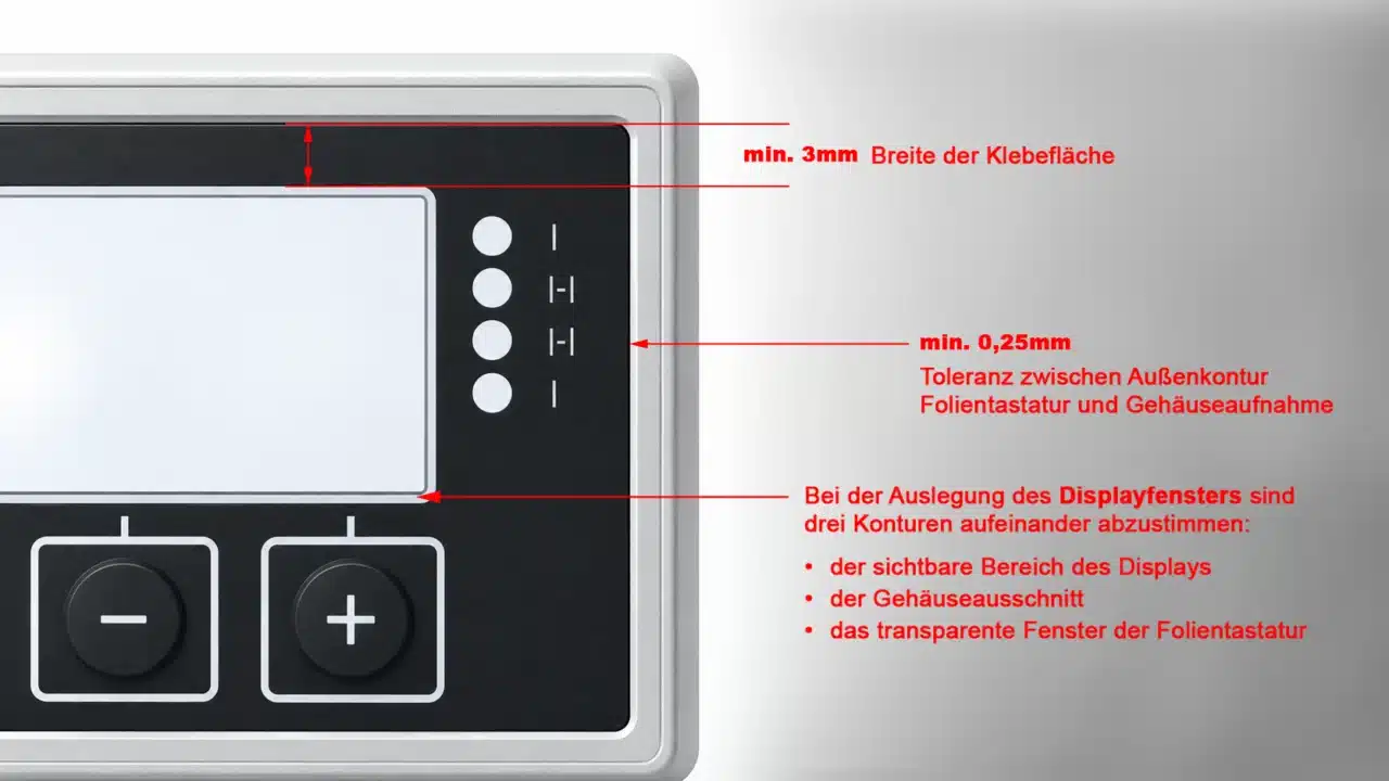 Bei der Gehäusekonstruktion sind Klebefläche, Toleranz der Gehäuseaufnahme sowie die Konturen von Display, Gehäuseausschnitt und Folienfenster aufeinander abzustimmen.