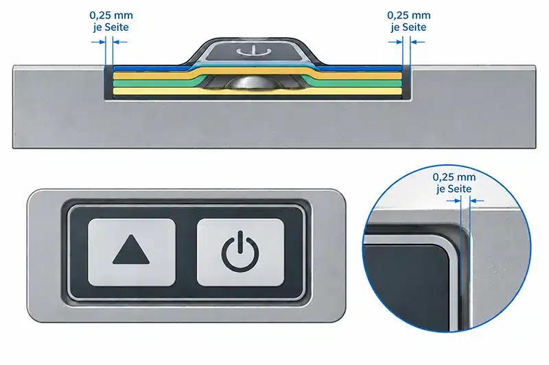 Folientastatur in Gehäuseaufnahme mit etwa 0,25 mm seitlichem Spiel