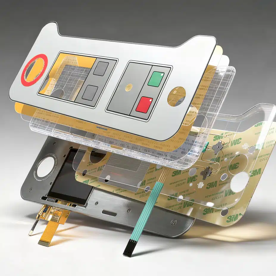 Explosionsdarstellung einer Folientastatur als HMI-Komplettlösung mit Schichtaufbau und Elektronik