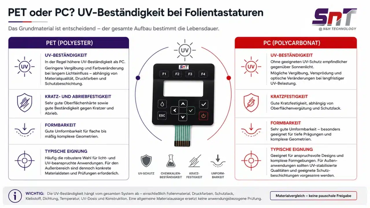 PET oder PC? UV-Beständigkeit bei Folientastaturen – Materialvergleich Infografik zum Vergleich von PET und Polycarbonat (PC) für Folientastaturen. Die Grafik zeigt Unterschiede bei UV-Beständigkeit, Kratzfestigkeit, Umformbarkeit und typischen Einsatzbereichen sowie den Hinweis, dass die UV-Beständigkeit vom gesamten Schichtaufbau abhängt.