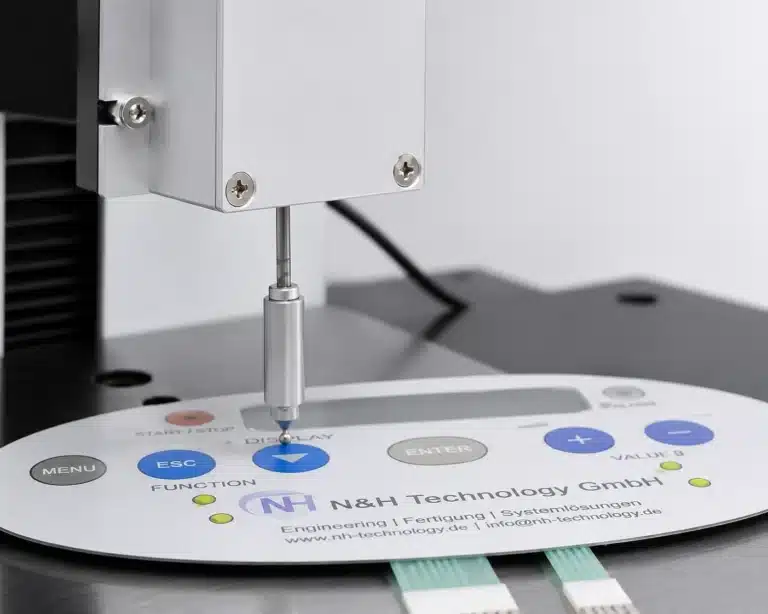 Kraft-Weg-Messung einer Folientastatur im Testlabor zur Prüfung von Betätigungskraft und Druckpunktverhalten.