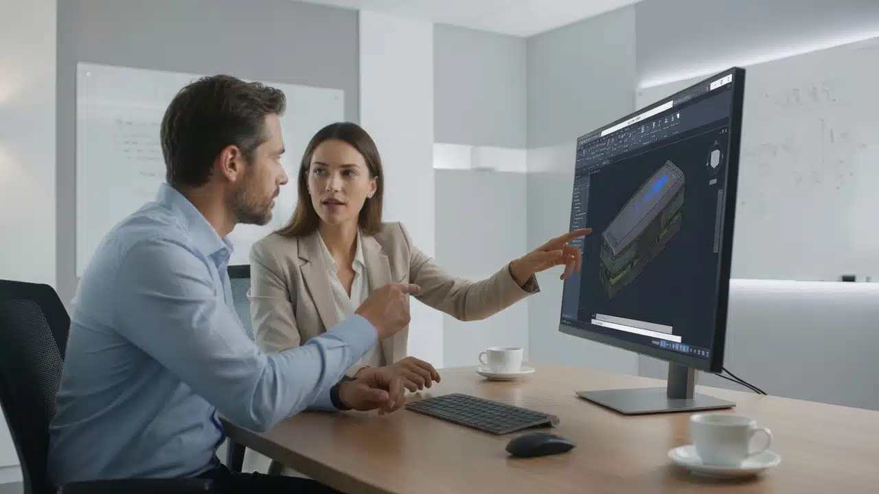 CAD-Planung zur Integration von Folientastaturen Entwickler stimmen die Integration einer Folientastatur anhand eines CAD-Modells für eine industrielle HMI-Bedieneinheit ab.