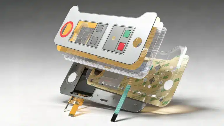 Explosionsdarstellung einer Folientastatur mit Schichtaufbau, Leiterbahnen, Metall-Domes und Anschlussleitung