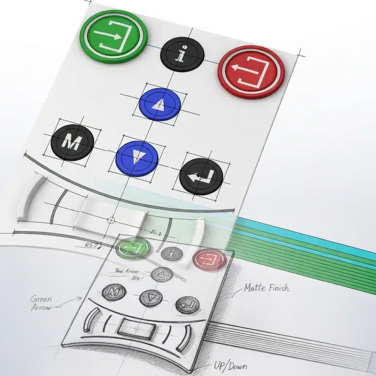 Folientastatur Entwicklung mit technischem Layout und fertigem Bedienfeld